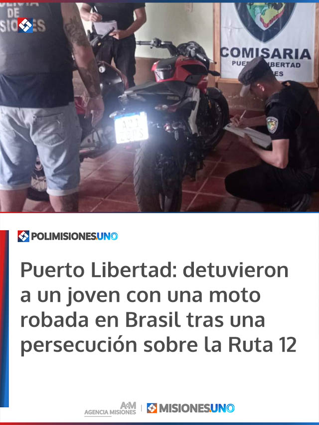 Puerto Libertad: detuvieron a un joven con una moto robada en Brasil tras una persecución sobre la Ruta 12 Puerto Libertad: detuvieron a un joven con una moto robada en Brasil tras una persecución sobre la Ruta 12