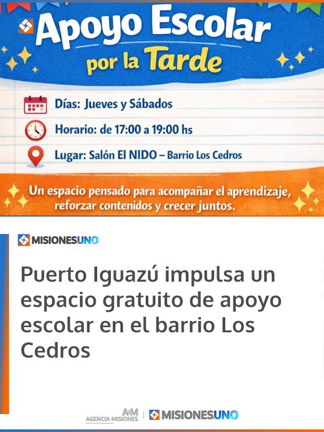 Puerto Iguazú impulsa un espacio gratuito de apoyo escolar en el barrio Los Cedros Puerto Iguazú impulsa un espacio gratuito de apoyo escolar en el barrio Los Cedros